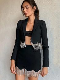 Work Dresses Women 2 Piece Short Skirts Set Elegant 2022 Long Sleeve Rhinestone Tassel Curved Hem Blazer Coat Ladies Hip Package Skirt Suits