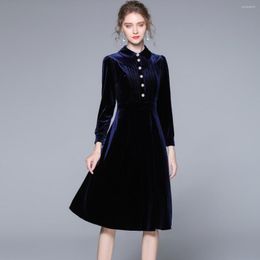 Casual Dresses High Qualtiy Long Sleeve Velvet Sexy Blue Dress Soild Autumn Winter Women Party