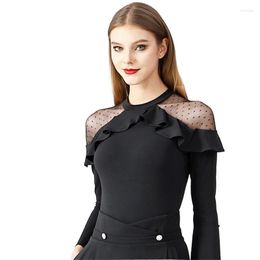 Stage Wear High Quality MOQ 1pcs In Stock Fast Delivery Women Girls Mesh Long Sleeve Ballet Tango Latin Dance Sexy Ballroom Tops