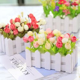 Decorative Flowers Home Decor Wedding Simulation Artificial Small Potted Plant Fake Chrysanthemum Set With Picket Fence