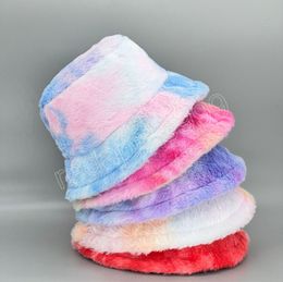 Winter fisherman hat women's Korean version tie-dye rainbow Colour plush bucket hat fashion girls cute warm hats