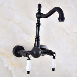 Bathroom Sink Faucets Black Brass Double Handle Dual Hole Wall Mount Basin Faucet 360 Swivel Kitchen Cold And Water Mixer Tap Dnf856