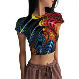 Women's T Shirts Summer Basic Round Neck Women's Short-sleeved Slim Oil Painting Print Navel Bottoming Top