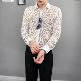 Men's Casual Shirts Autumn Sexy Transparent Lace Shirt Men Clothing 2022 Simple All Match Slim Fit Long Sleeve Club/Prom Tuxedo Chemise