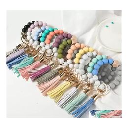 Beaded 14 Colors Bracelets Jewelry Wooden Tassel Bead String Bracelet Key Chain Food Grade Sile Beads Women Girl Ring Wrist Strap Dr Dhdyr