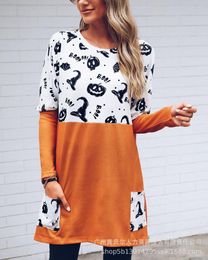 Women's T Shirts Women Long Sleeve O Neck Casual Fashion Halloween Pumpkin Hat Print Colorblock Top Tops Shirt