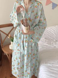 Women's Sleepwear Autumn Breathable Loose Home Clothes Flower Printed Cotton Gauze Long-sleeved Nightgown Kawaii Women Japanese Kimono D531