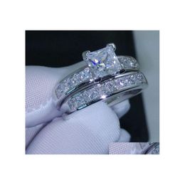 Band Rings Luxury Size 5/6/7/8/9/10 Jewellery 10Kt White Gold Filled Topaz Princess Cut Simated Diamond Wedding Ring Set Gift With Box Dheop