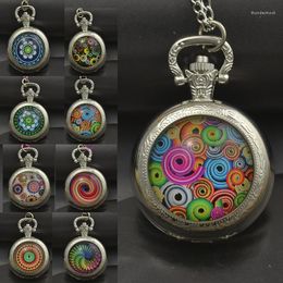 Pocket Watches Wholesale Fashion Quartz Colorful Parttern Watch Necklace Woman Black Silver Round Convex Lens Glass Picture Gift