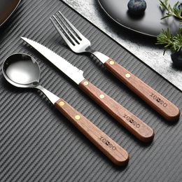 Dinnerware Sets Solid Wood Handle Knife And Fork Set Round Spoon Stainless Steel Steak Three-piece Western Utensils