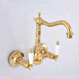 Bathroom Sink Faucets Golden Brass Dual Handle Double Hole Faucet Wall Mounted Swivel Kitchen Cold And Water Mixer Tap 2sf616