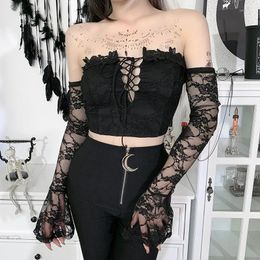 Women's Blouses 2022 Women's Crop Tops Long Sleeve Short Blouse Off Shoulder Mesh Lace Up See Through Hollow Out Party Club Clothing