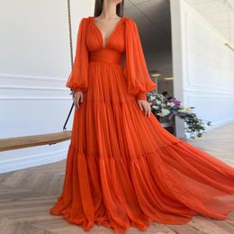 Party Dresses Long Sleeves Simple Prom Orange Chiffon Pleated V-Neck A-Line Christmas Evening Gowns Maxi Birthday Dress 2022