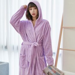 Women's Sleepwear Solid Women Winter Coral Fleece Hooded Bathrobe Kimono Warm Flannel Bath Robe Cosy Robes Night Ladies Dressing Gown