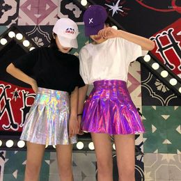 Skirts Japanese Soft Sister Original Style Laser Bright Face Fluorescent Pleated Skirt High Waist PU Leather Performance