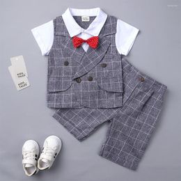 Clothing Sets Summer Toddler Baby Boys Gentleman Outfits Woven Cotton Short Sleeve Shirt Pants Bow Tie 3Pcs Overalls Formal Clothes Set