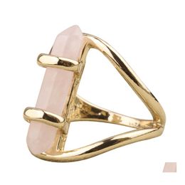 Solitaire Ring Fashion Gold Color Environmental Alloy Pink Rose Powder Crystal Hexagonal For Women Jewelry Drop Delivery Dhlbb