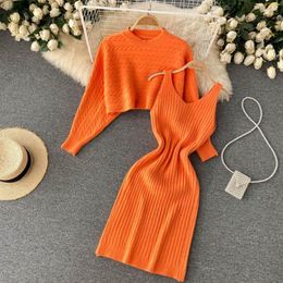 Work Dresses Women's Sweater Dress Sets Ladies Short Loose Pullover Knitwear Sexy Slip Elegant Fashion Female Two Piece Suit