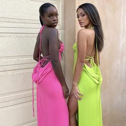 Casual Dresses Elegant Fashion Halter Sexy Backless Draped Maxi Dress Women 2022 Summer Bodycon Party Long Straps Shift Clothes