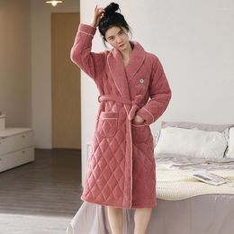 Women's Sleepwear Women Winter 3 Layers Coral Feece Quilted Robe Long Sleeve Kimono Thick Warm Robes Female Dressing Gown