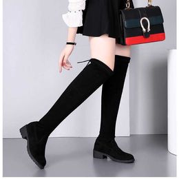 Top Boots autumn and winter Boots knee length flat bottom elastic thin black suede student low thigh high heel large women shoes