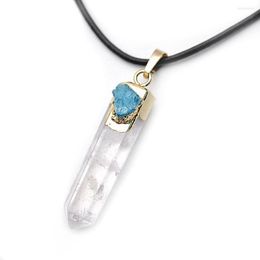 Pendant Necklaces Blue Druzy Paved Natural Crystal Pillar Stone Point Necklace Gold Plated Fashion Woman Jewellery