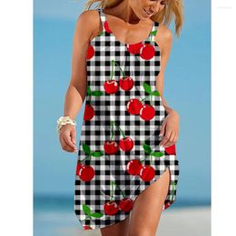 Casual Dresses Women Sexy Cherries 3d Printed Summer Beachwear Knee-Length Robe Bohemian Female Clothes Bikinis Loose High Waist Dress