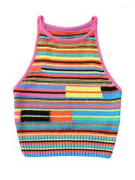 Women's Tanks Summer Clothes For Women Camis Tops 2022 Fashion Multicoloured Bohemian Vintage Knit Top Sleeveless Round Neck Fitted Crop