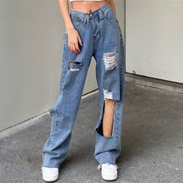 Women's Jeans Harajuku Vintage 90s Baggy Woman Sexy Tattered Back Buckle Hippie Distressed Washed Denim Straight Pants Y2K Clothes