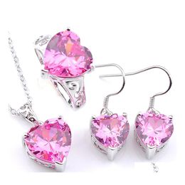 Wedding Jewellery Sets Luckyshine 3Pcs/Set Set Heartshaped Pink Kunzite Cubic Zirconia Gems Sier Pendant Ring Earring For Women Lady D Dhkur