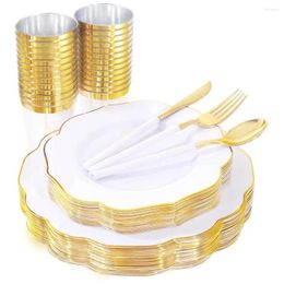 Disposable Flatware 10 Person Party Cutlery Bronzing Lace Plastic Dinner Plate Cup Silverware Combo Set Birthday Wedding Supplies