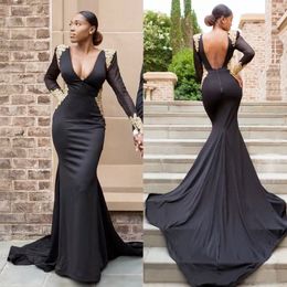 Stunning Black Mermaid Backless Evening Dresses with Long Sleeves Deep V Neck Beaded Prom Gowns Vestidos Festa Sweep Train Formal Dress