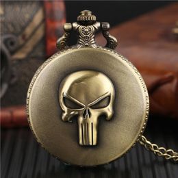 Vintage Bronze Skull Case Quartz Analogue Pocket Watch Fashion Necklace Chain Antique Style Fob Roman Numerals Watches215M