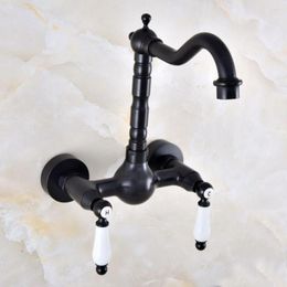 Bathroom Sink Faucets Basin Faucet Black Brass Double Lever Handle Dual Hole Wall Mount Swivel Kitchen Cold And Mixer Tap Dnf857