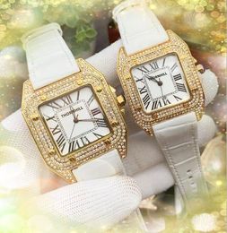 Couple Womens Mens Roman Square Dial Watches Quartz Movement Calendar Super Bright Popuar Tank Series Full Diamonds Ring Case Leather Belt Wristwatch Gifts