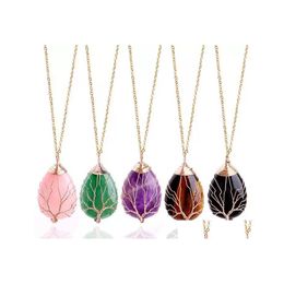 Pendant Necklaces Oval Natural Stone Necklace Jewelry Copper Line Wrapped Tree Of Life For Women Gift Drop Delivery Pendants Dhqj4