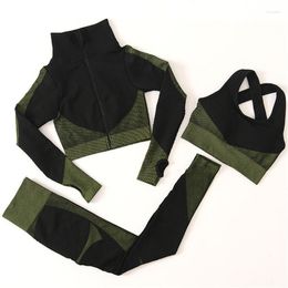 Women's Tracksuits Active Sets 3pcs/set Workout Clothes For Women Yoga Set Crop Top Seamless Leggings Long Sleeve Zipper Shirt Fitness Sportswear Outfits