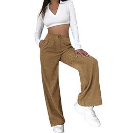 Women Pants High Waisted Straight Wide Leg Corduroy Long Pants Loose Trousers with Pocket