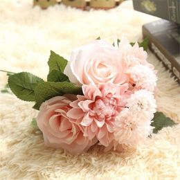 Decorative Flowers Silk Bride Bouquet Cream And Baby Pink Roses Peonies Wildflowers Natural Vintage Artificial