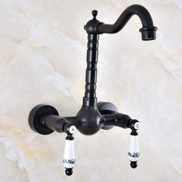 Bathroom Sink Faucets Double Handle Dual Hole Wall Mount Basin Faucet 360 Swivel Kitchen Cold And Water Mixer Tap Brass Black Dnf860