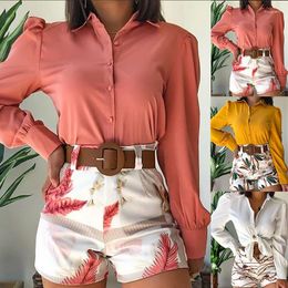 Women's Tracksuits WEIN Bulk Items Wholesale Lots Clothing Summer Two Piece Set Women Solid Red Yellow Blouse Floral Short Pant Belt Outfits