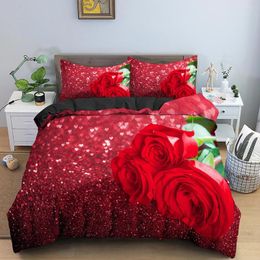 Постилочные наборы цветочных пуховых покрытий набор полноразмерных полиэфиров роскошные 3D Red Rose Comforter Романтическое стеганое одеяло 2/3pcs для пары