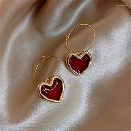 Dangle Earrings Fashion Sweet Burgundy Enamel Heart For Women Girl Gold Color Metal Love Hanging Jewelry
