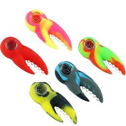 Colorful Silicone Crab Forceps Claw Style Pipes Herb Tobacco Oil Rigs Glass Porous Hole Filter Bowl Portable Handpipes Smoking Cigarette Holder Tube Wholesale DHL