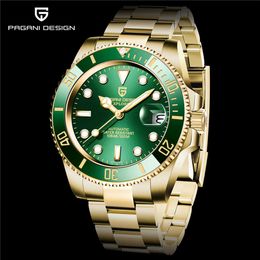 PAGANI Design Full Gold Green Ceramic Bezel Watch Dive Watches Automatic Mechanical Movement Men Stainless Steel Waterproof Wristw2769