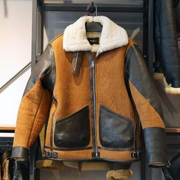 Yellow brown genuine sheepskin leather Bomber jackets double face fur suits pockets flight jacket Lapel neck thicked ykk zipper