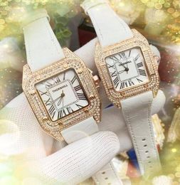 Couple Womens Mens Roman Square Dial Watches Quartz Movement Calendar Three Pins Work Tank Series Designer Full Diamonds Ring Case Leather Belt Wristwatch Gifts