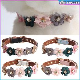 Dog Collars Flower Collar Cute Shiny Diamonds Leather Dogs Necklaces Pet Adjustable For Small Medium Chihuahua