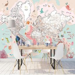 Wallpapers Po Wallpaper Nordic Hand-painted Pink Animal Map Mural Wall Cloth Study Children Boy Bedroom Backdrop Covering