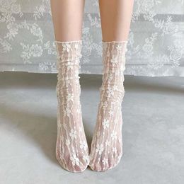 Women Socks Kawaii Frilly Lace Flower Hollow-Out Retro Lolita Cute Summer Thin Middle Tube Sweet Breathable